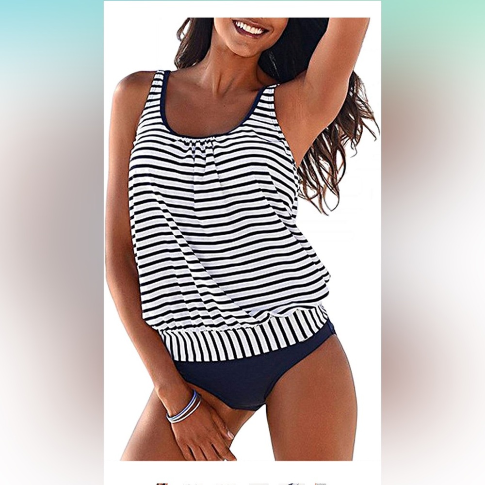 Striped Blouson Tankini Top and Bikini Bottom - Black & White